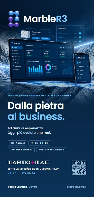 Copertina del pieghevole di MarbleR3: un portatile e un telefono con le schermate del programma su fondo blu, e il titolo «Dalla pietra al business».