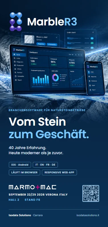 Titelseite des MarbleR3-Prospekts: ein Notebook und ein Telefon mit den Masken der Anwendung auf dunkelblauem Grund, und die Schlagzeile «Vom Stein zum Geschäft».