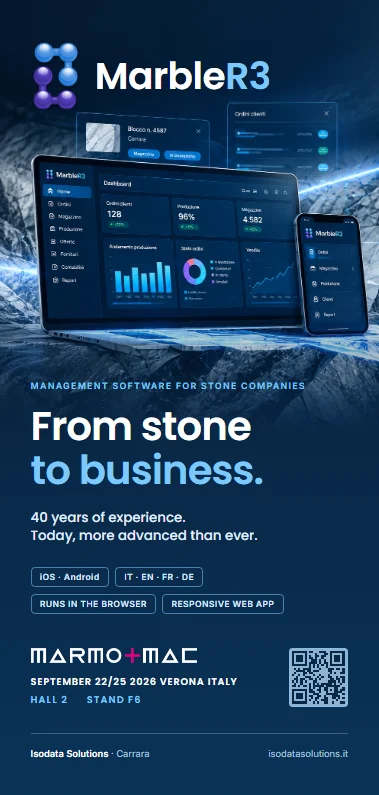 Cover of the MarbleR3 leaflet: a laptop and a phone showing the application on a deep blue background, and the headline “From stone to business”.