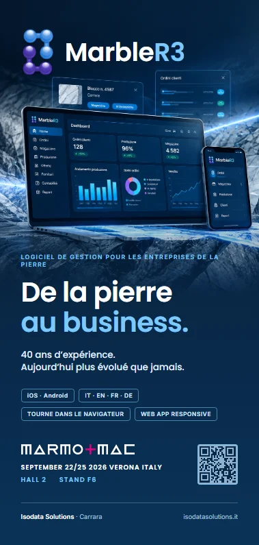 Couverture du dépliant MarbleR3 : un ordinateur portable et un téléphone affichant l’application sur fond bleu foncé, et le titre «De la pierre au business».