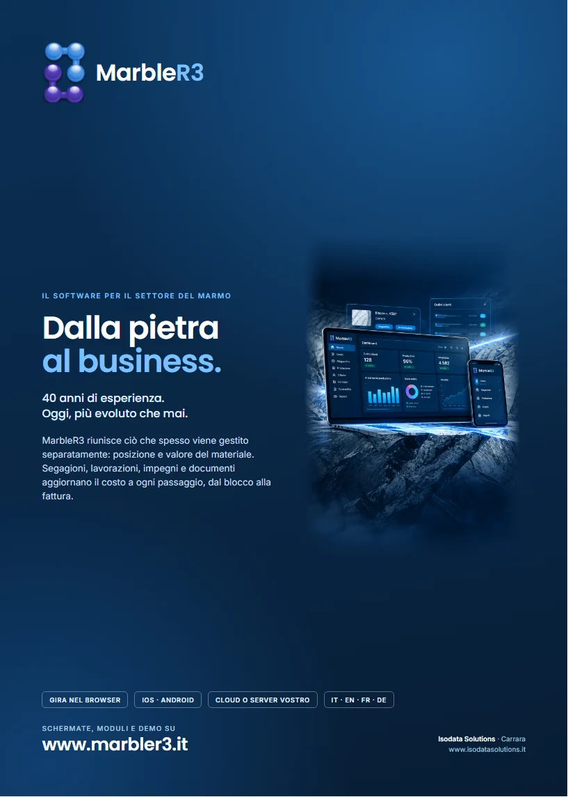 Copertina della presentazione di MarbleR3: un portatile e un telefono con le schermate del programma su fondo blu, e il titolo «Dalla pietra al business».