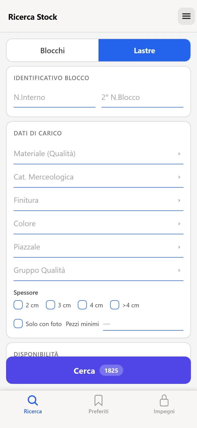 Schermata dell’app: la ricerca dello stock, con i filtri per qualità, categoria merceologica, finitura, colore, piazzale e spessore.