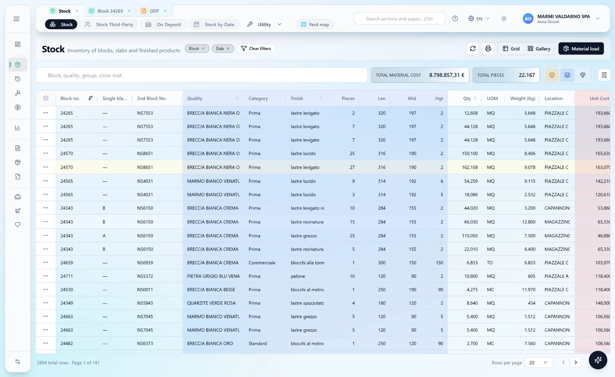 Eine Maske von MarbleR3: die Bestandsliste der Blöcke mit Qualität, Lagerplatz, Maßen, Menge und Status.